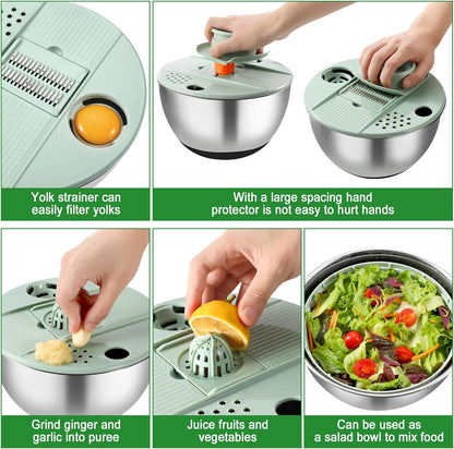 Salad Spinner Stainless Steel - 5.3 Qt Large Vegetable & Fruit Washer with 5 Blade Slicer