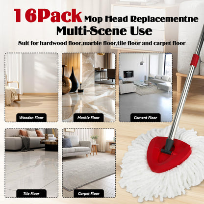 Spin Mop Replacement Set for O-Ceda EasyWring 1-Tank System, 16 Microfiber Spin Mops Refills,1 Scrubber Head,1 Triangle Spin Base,and(31-63in) Adjustable Handle Set Combo