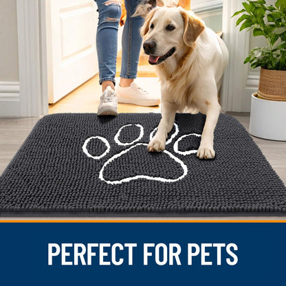 OLANLY Dog Door Mat for Muddy Paws 59x24, Paw Print Design, Absorbs Moisture and Dirt, Absorbent Non-Slip Washable Doormat, Quick Dry Chenille Mud Mat for Dogs, Entry Indoor Entryway Carpet, Dark Grey