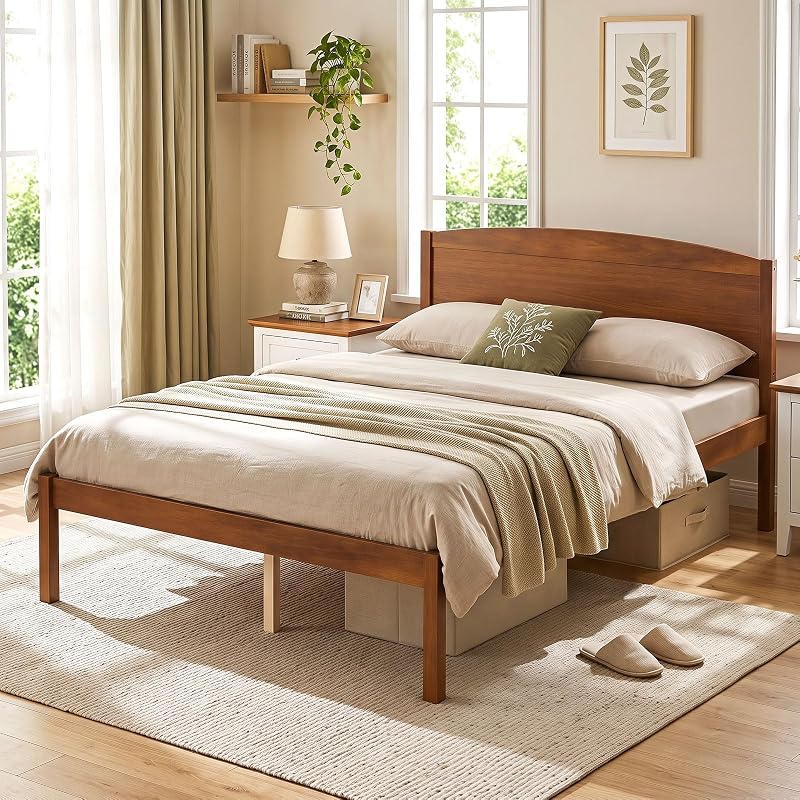 Giantex Full Size Walnut Curved Headboard Bed Frame with Slat Support - 300 lb Capacity
