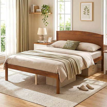 Giantex Full Size Walnut Curved Headboard Bed Frame with Slat Support - 300 lb Capacity