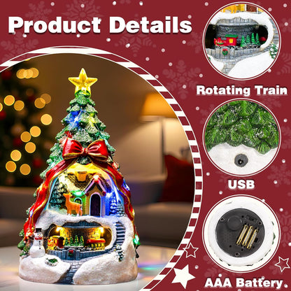 MXwcy Animated Musical Christmas Tree Village - Lighted Figurine with Spinning Santa Train | Plays 8 Holiday Carols, Perfect Tabletop Decor