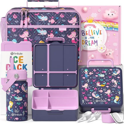 Fimibuke Kids Bento Lunch Box Set - 4 Compartments, Insulated Bag & Stainless Steel Bottle | Perfect Birthday Gift for Ages 3-12
