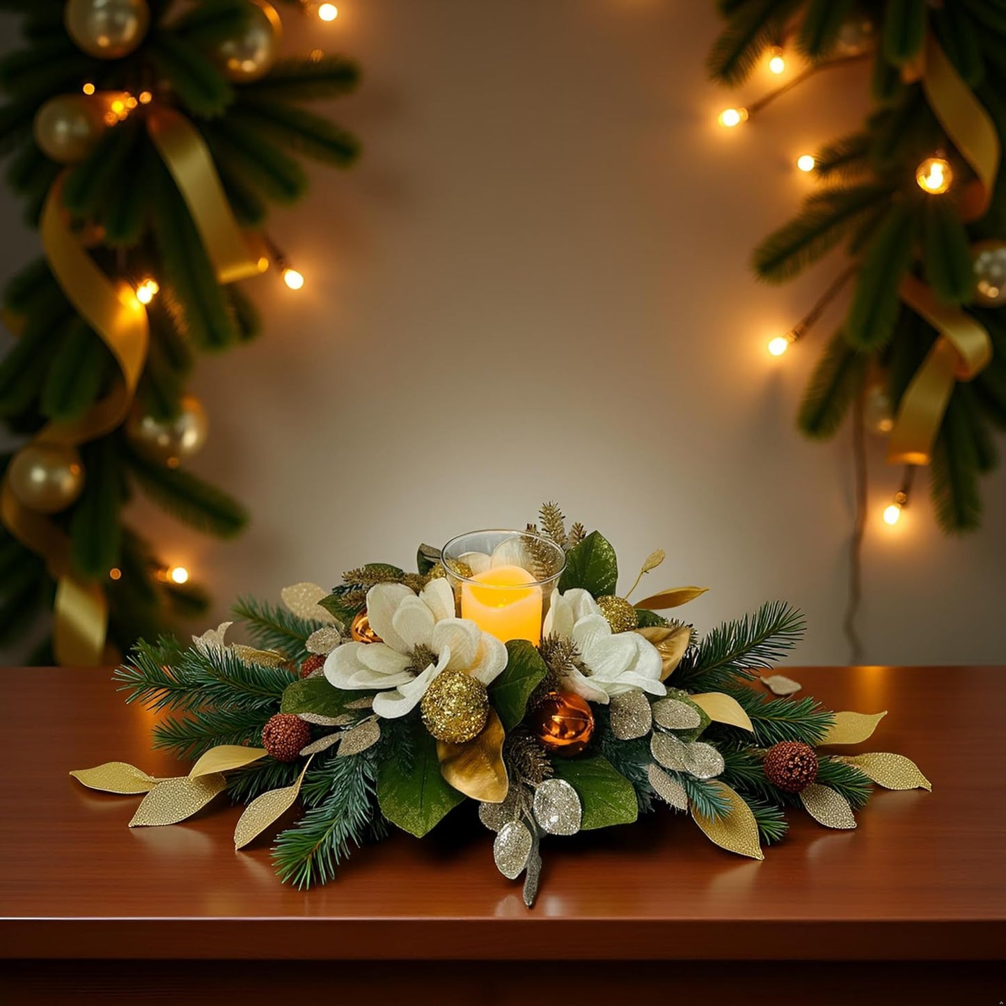 Skiennix 18" Centerpiece - Flameless LED Candle Holder with White Magnolia, Gold Baubles & Spruce Branches for Holiday Decor