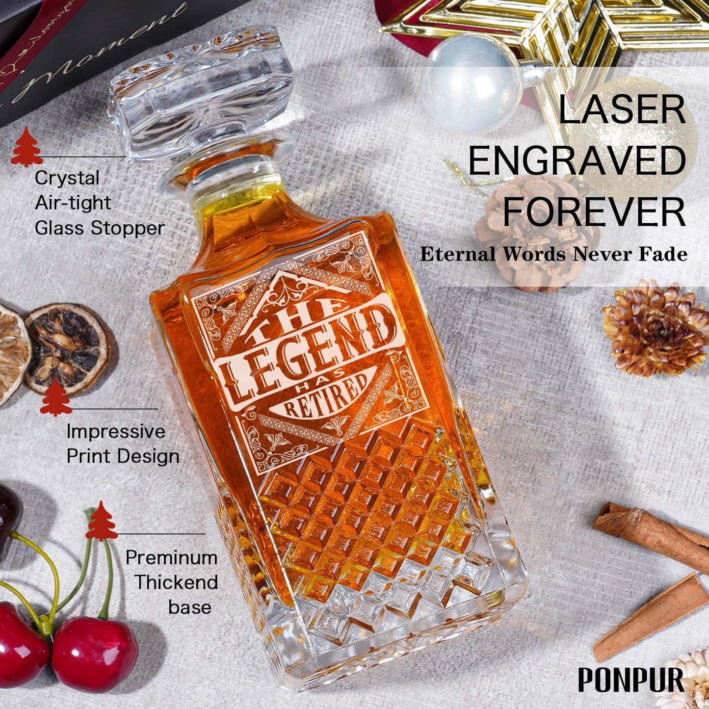 PONPUR The Legend Has Retired 2025 Retirement Gifts for Men Women, Whiskey Decanter Gift Set with 2 Whisky Glasses, Best Christmas Fathers Day Birthday Presents for Dad Coworkers Teacher