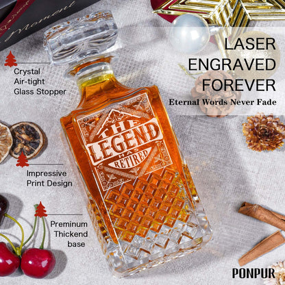 PONPUR The Legend Has Retired 2025 Retirement Gifts for Men Women, Whiskey Decanter Gift Set with 2 Whisky Glasses, Best Christmas Fathers Day Birthday Presents for Dad Coworkers Teacher