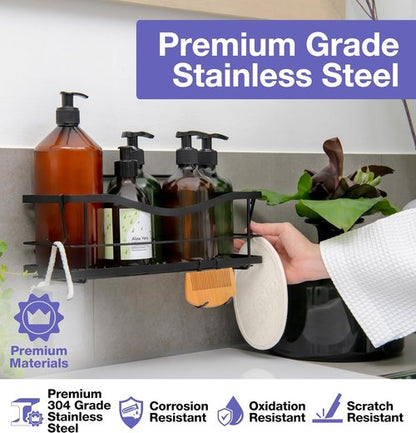 KINCMAX Premium Shower Caddy - Self-Adhesive Organizer with 4 Hooks | Rustproof Stainless Steel, Matte Black