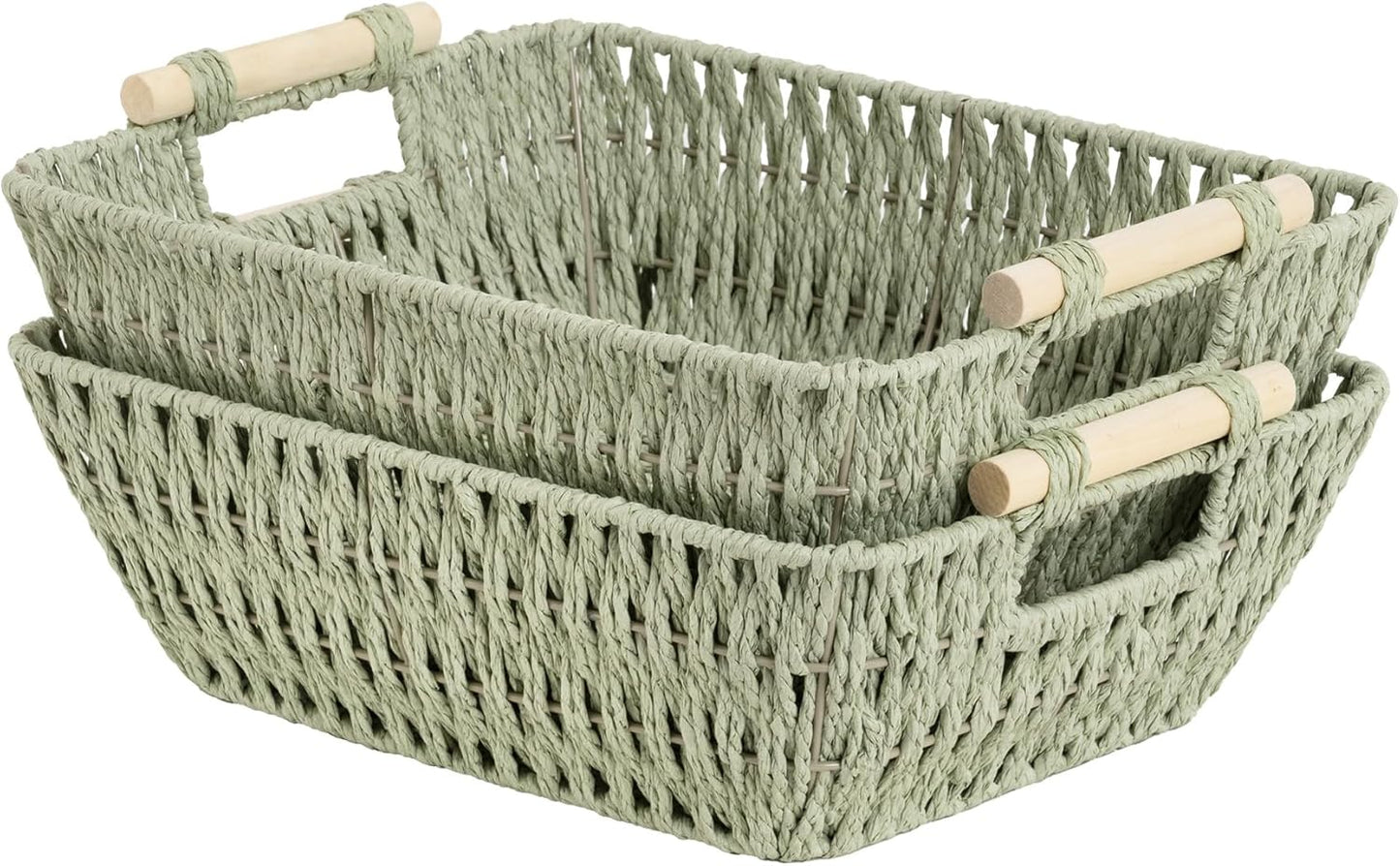 StorageWorks Large Wicker Storage Baskets - Organize with Wooden Handles | Bosana Green, 2-Pack
