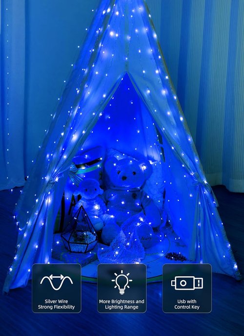 Brightown 300 LED Blue Fairy Curtain Lights - 9.8ft x 9.8ft String Lights with Remote & 8 Modes for Indoor/Outdoor Use