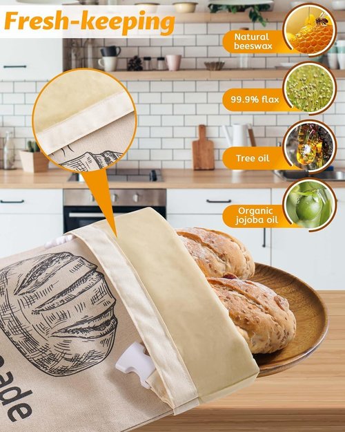Beeswax Bread Bags by [Brand Name] - Reusable Organic Linen for Sourdough | 17 x 12.6 Inches - Freshness Preservation & Freezer-Friendly