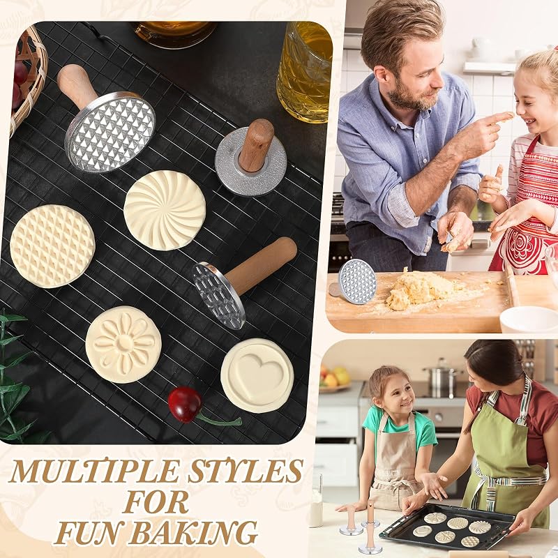 Cookie Stamp Set of 6 with Wooden Handle – Metal Cookie Press Cutters for Embossing