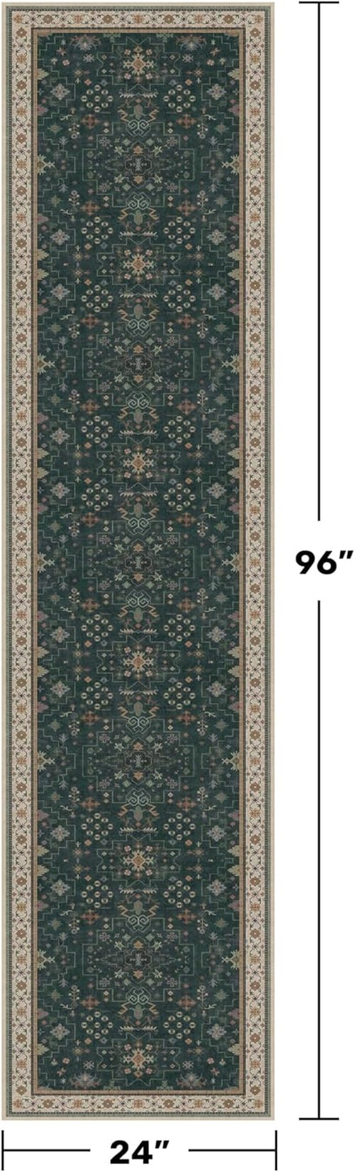 Hazo Haus Dark Green Kitchen Runner Rug - Modern Vintage Boho Floral Pattern, 2x8 ft Non-Slip, Washable