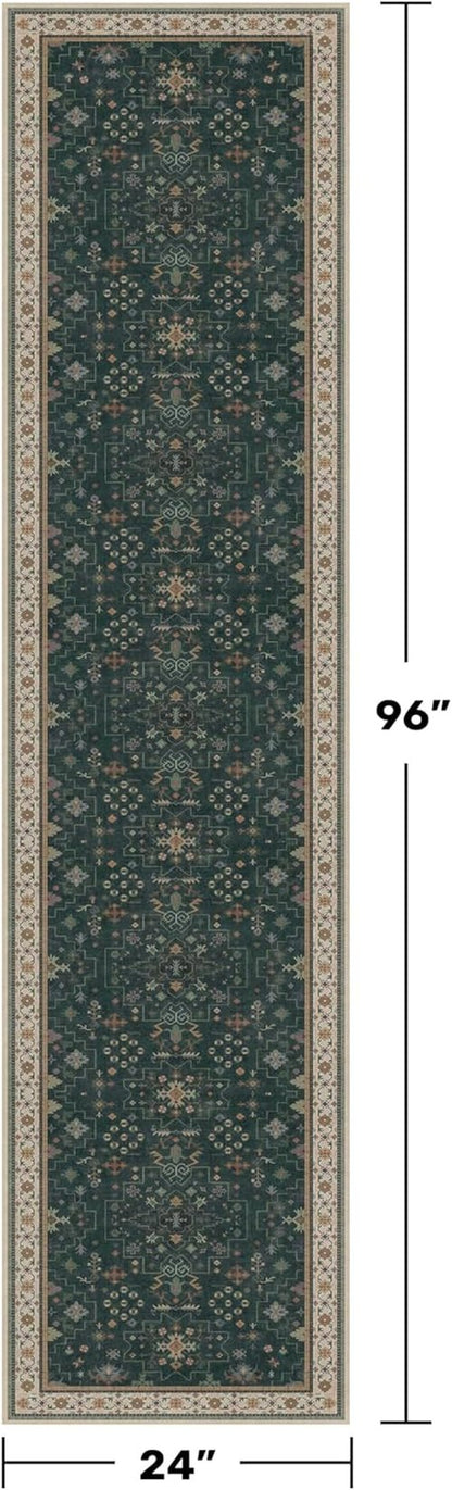 Hazo Haus Dark Green Kitchen Runner Rug - Modern Vintage Boho Floral Pattern, 2x8 ft Non-Slip, Washable