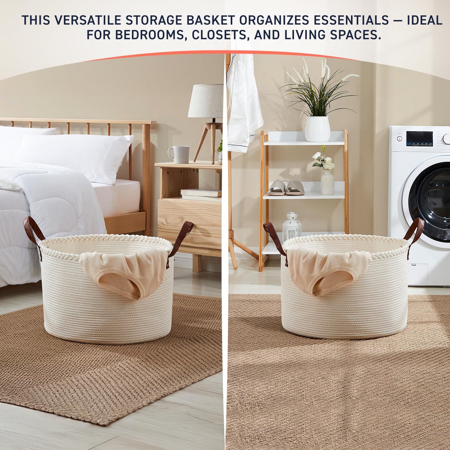Organizix XLarge Round Cotton Rope Storage Basket Bin Organizer Laundry Hamper with Leather Handles, 21 x 21 x 14, Extra Large Blanket Woven Basket for Nursery - Cream
