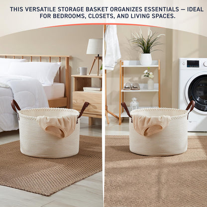 Organizix XLarge Round Cotton Rope Storage Basket Bin Organizer Laundry Hamper with Leather Handles, 21 x 21 x 14, Extra Large Blanket Woven Basket for Nursery - Cream
