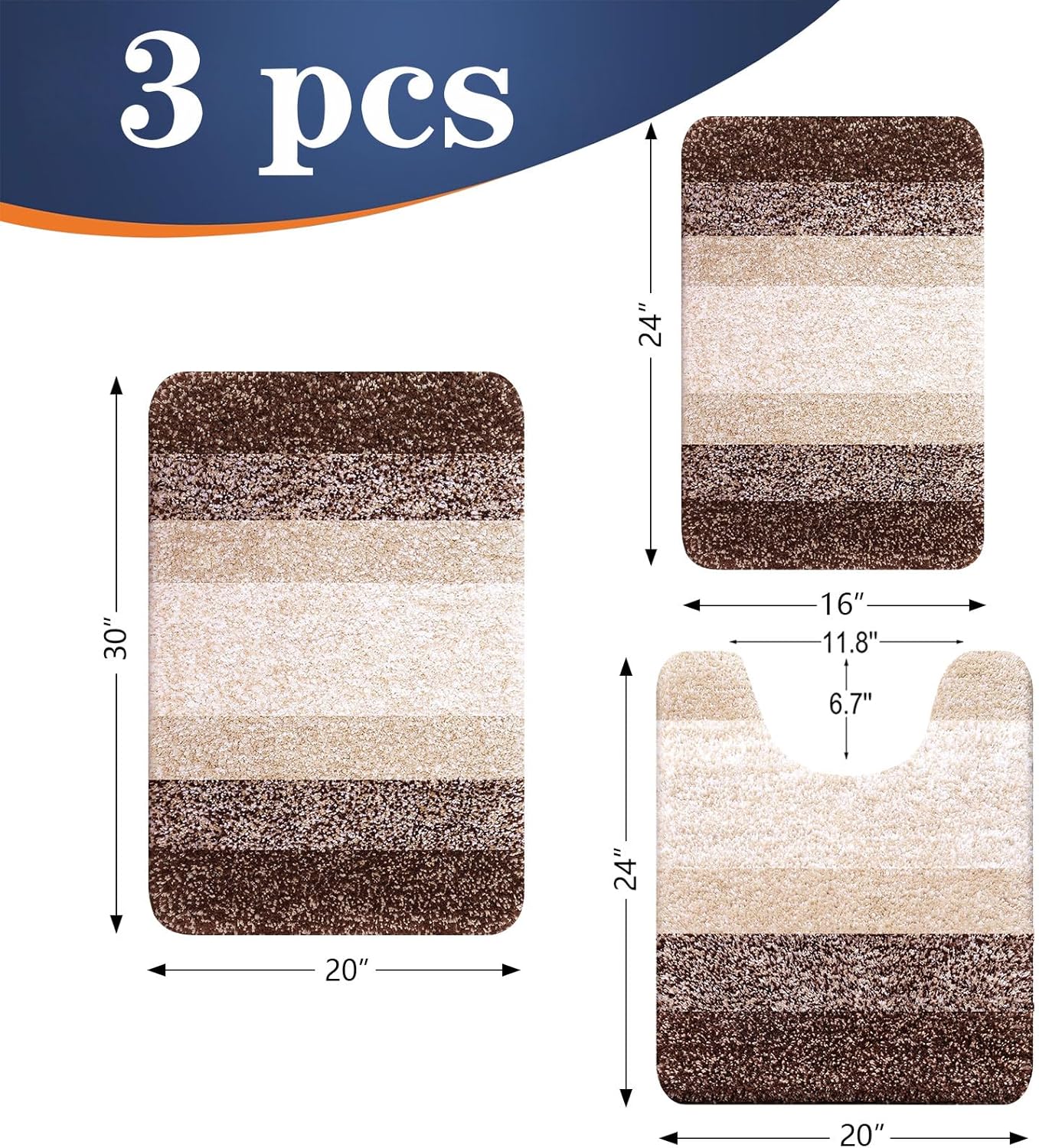 OLANLY Bathroom Rugs Set - Soft Absorbent Microfiber Mats & U-Shaped Contour Rug | Brown, 3-Piece Set (30"x20"+24"x16"+24"x20")
