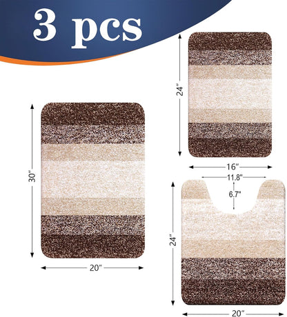 OLANLY Bathroom Rugs Set - Soft Absorbent Microfiber Mats & U-Shaped Contour Rug | Brown, 3-Piece Set (30"x20"+24"x16"+24"x20")
