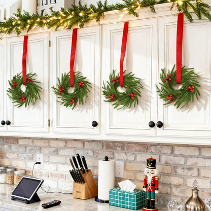 Norfolk Pine Christmas Candle Rings - 24 Pcs Artificial Wreaths with Red Berries for Holiday Decor