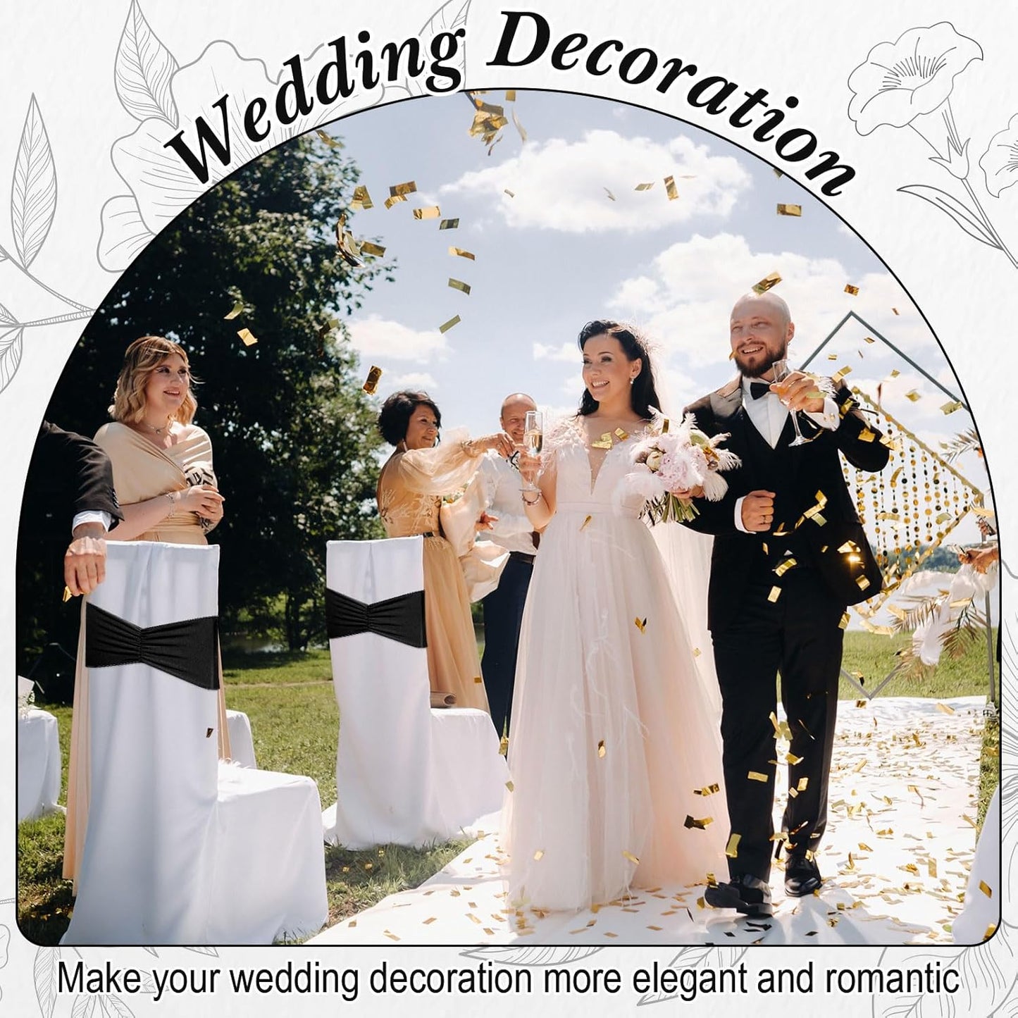 Moukeren Spandex Chair Sashes - 150 Pcs Elastic Ribbon Seat Ties for Weddings & Events | Black
