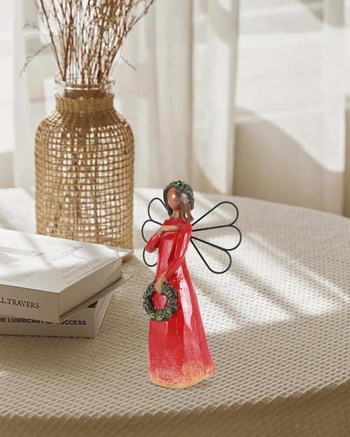 iStatue Christmas Angel Figurine - 6.7'' Hand-Painted Resin Sculpture with Wreath Ornament | Perfect Xmas Gift for Women & Girls (Red)