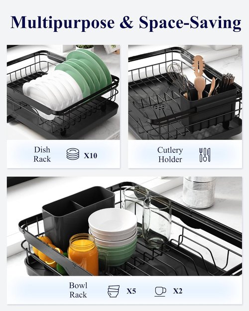 Kitsure Dish Drying Rack - Stainless Steel Kitchen Organizer with Cutlery Holder | 12.2''W x 15.7''~23''L, Black