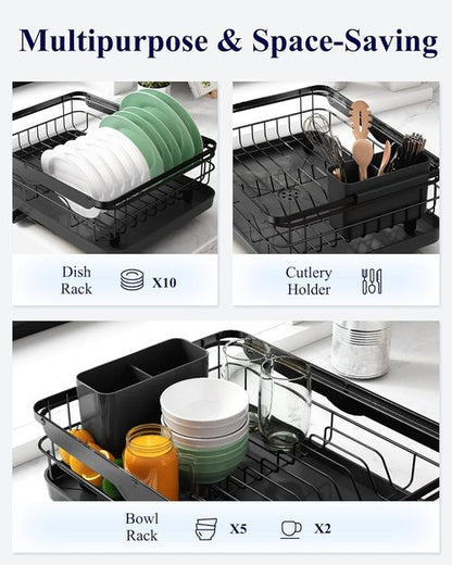 Kitsure Dish Drying Rack - Stainless Steel Kitchen Organizer with Cutlery Holder | 12.2''W x 15.7''~23''L, Black