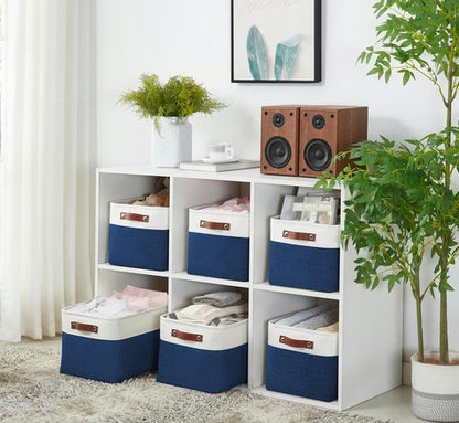 DECOMOMO Storage Baskets - Large Navy Blue & White Fabric Organizers for Shelves | 3 Pack