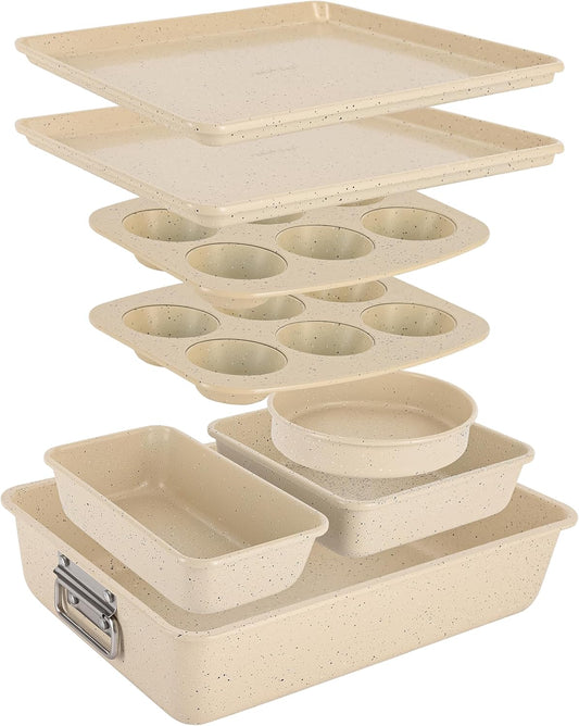 NutriChef 8-Piece Bakeware Set - Non-Stick Carbon Steel Pans | Includes Sheet, Muffin, Round, Loaf & More | Oven Safe to 450°F | Marble Cream Finish