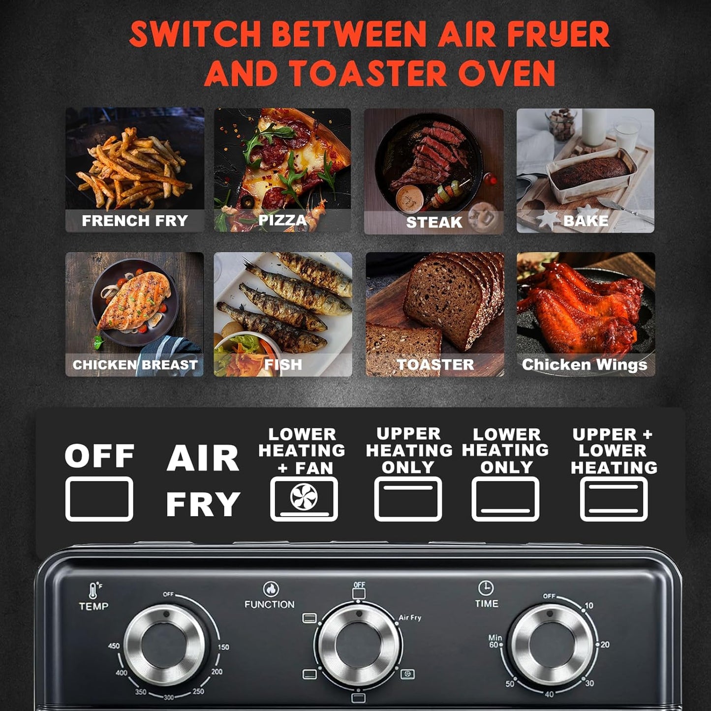 Skiennix 10QT Air Fryer Toaster Oven Combo - 5-in-1 Cooking Functions | 3-Layer Design with Visible Window