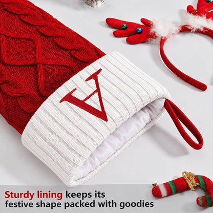 Personalized 20” Christmas Stocking with Initial A - Knitted Embroidered Monogram