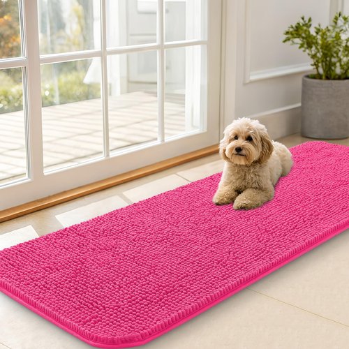OLANLY Dog Door Mat for Muddy Paws 59x20, Absorbs Moisture and Dirt, Absorbent Non-Slip Washable Doormat, Quick Dry Chenille Mud Mat for Dogs, Entry Indoor Entryway Carpet for Inside Floor, Hot Pink