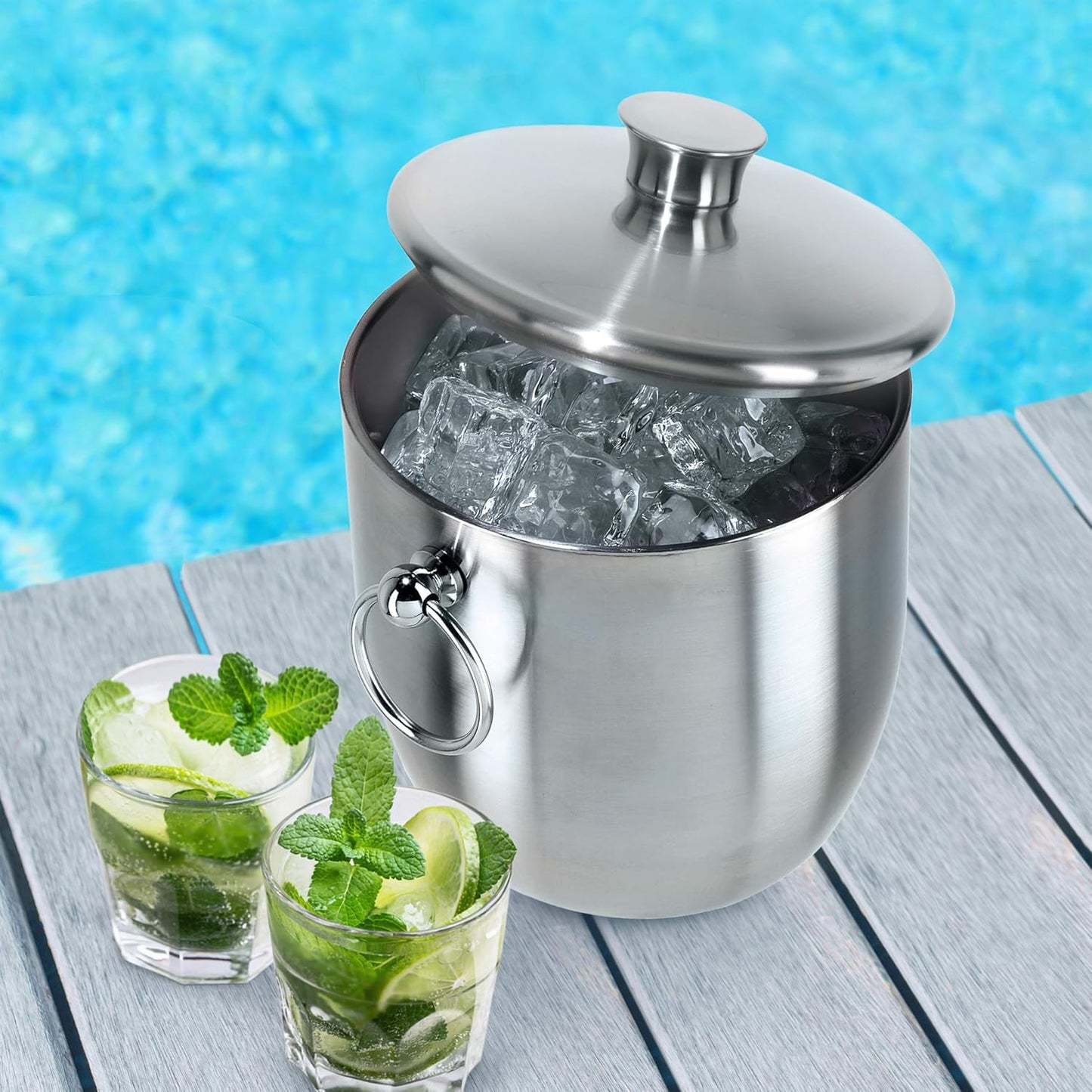 OGGI Double Wall Stainless Steel Ice Bucket - Insulated Ice Bucket with Elegant Steel Lid, Classic Handles & Stainless Steel Ice Tongs - Great for Home Bar, Chilling Beer, Champagne and Wine - 3 qt