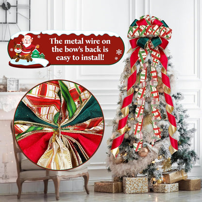 Skiennix Christmas Tree Topper Bow - 13" Large Velvet Red & Green Buffalo Plaid | Festive Holiday Decoration
