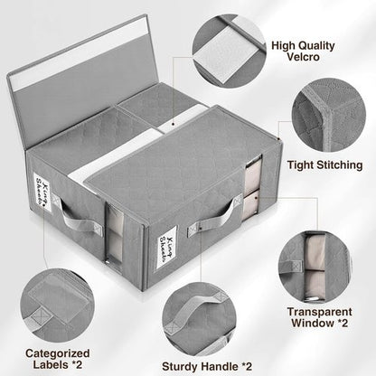 Homsorout Bed Sheet Organizers - Foldable Linen Storage with Window & Labels | XL Grey 6-Pack