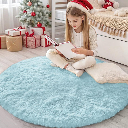 OLANLY Light Blue Round Rugs for Bedroom - Machine Washable, 4 ft Circle Area Rugs for Living Room, Soft and Fluffy Shaggy Carpet for Teen Girl and Boys, Nursery Rooms, Dorms, Home Decor Aesthetic