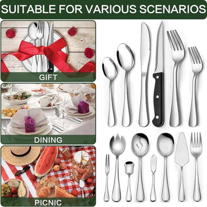 CEKEE Stainless Steel Silverware Set - 80 Pieces Flatware with Serving Utensils for 12 | Heavy-Duty, Dishwasher Safe