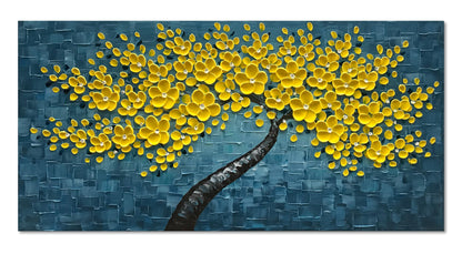 Epicler art 100% Hand Painted 3D Yellow Flower Tree Oil Painting Blue Canvas Texture Mural Living Room Bedroom Dining Room Mural 24x48 inches