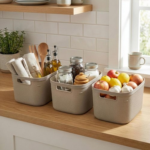 BINO Plastic Storage Bins - 5.5 Liter, Taupe | 3 Pack Woven Baskets for Organized Pantry