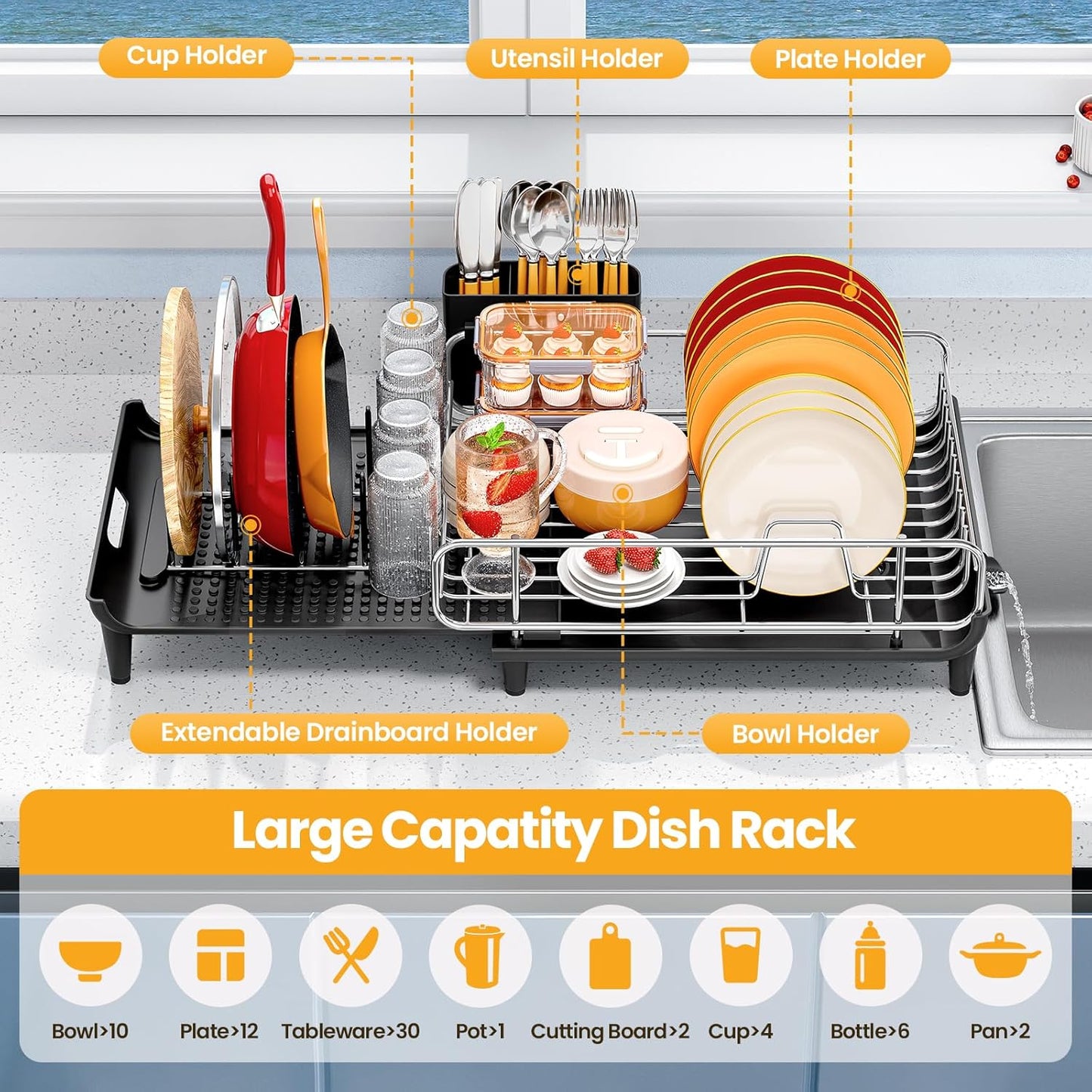 TOOLF Expandable Dish Rack - Stainless Steel Dish Drying Rack with Cutlery Holder | Large & Foldable, Black