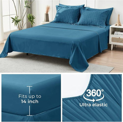 HYMOKEGE Twin Comforter Set - Teal Seersucker 5-Piece Luxury Bedding Set | All-Season Comforter, Sheets & Pillowcase