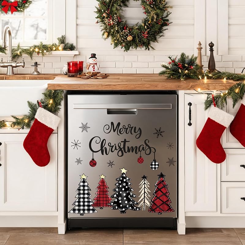 Plaid Christmas Dishwasher Magnets, 20Pcs - Watercolor Tree & Snowflake Set (Variation: Plaid Christmas Tree)