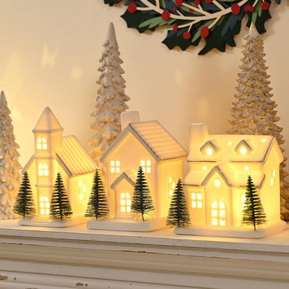 AOMOONOA Ceramic White Christmas Village Houses - 3-Piece LED Lighted Tabletop Decor Set with Trees