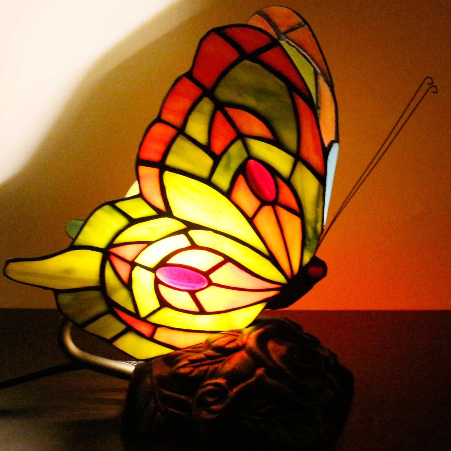 ZJART Small Tiffany Table lamp Stained Glass Butterfly Desk Lamp 7X5X9.8 Inch Accent Antique Light (Yellow Butterfly)