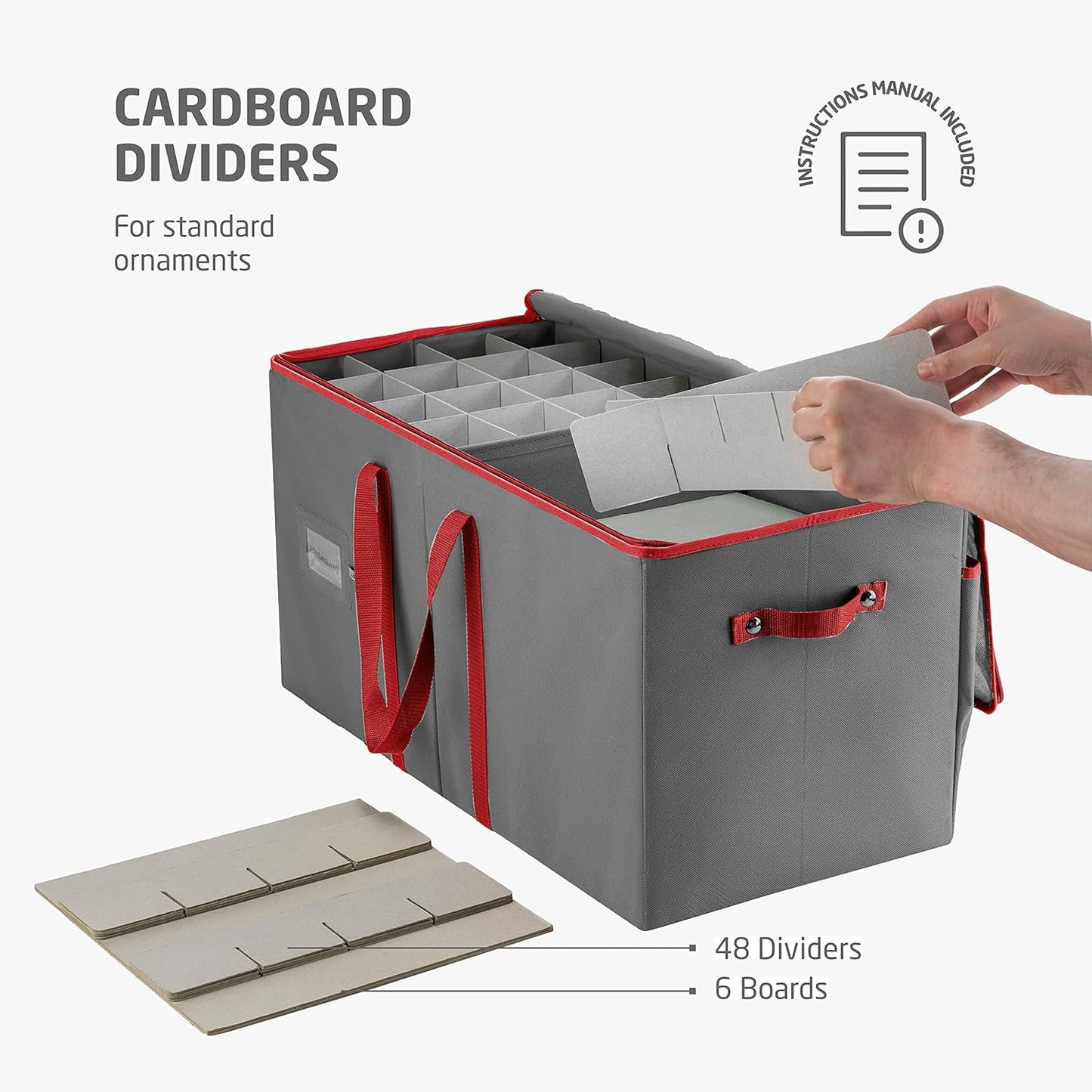 ZOBER Large Christmas Ornament Storage Box | Holds 128 3" Ornaments - Durable Organizer with Dividers & Extra Pockets - Gray