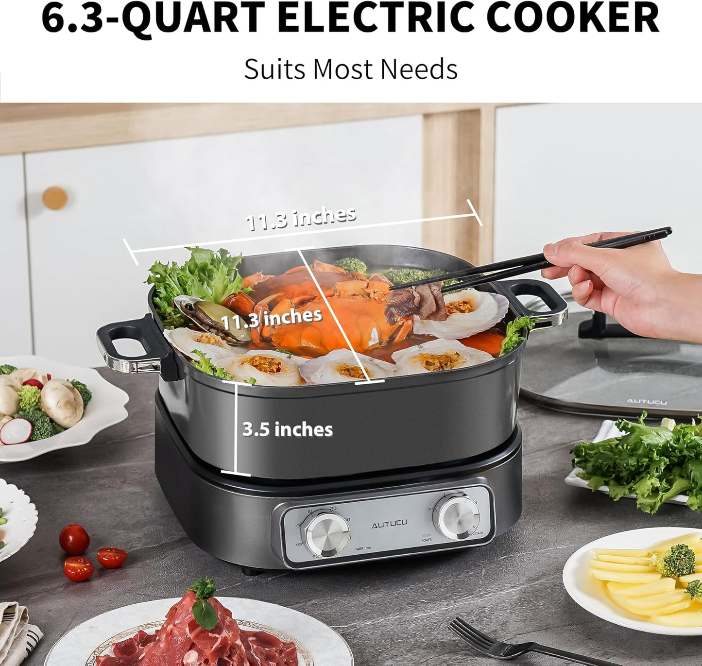 Skiennix 6-Quart Electric Skillet - Non-Stick Ceramic Coated, 1600W with Timer & 3 Power Settings