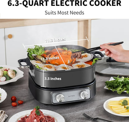Skiennix 6-Quart Electric Skillet - Non-Stick Ceramic Coated, 1600W with Timer & 3 Power Settings