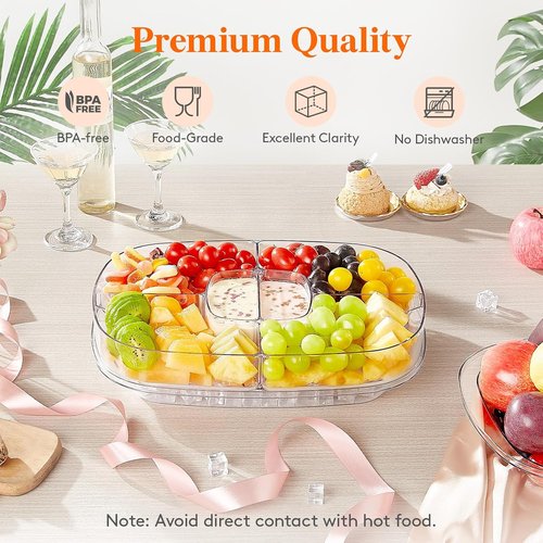 Lifewit Chilled Serving Tray for Parties, 15" Divided Shrimp Cocktail Serving Dish with Lid, Plastic Taco Platter, Ice Serving Bowl for Veggie, Fruit, Salad, Mimosa Bar Supplies in Party/Buffet