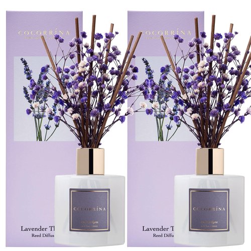 Cocorrína Premium Reed Diffuser Set with Preserved Baby's Breath & Cotton Stick Lavender Thyme 2 Packs, 6.7oz Scent Fragrance Oil Diffuser for Bedroom Bathroom Home Décor