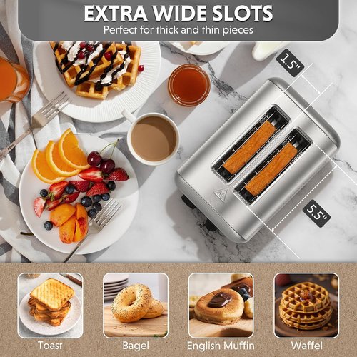 BUYDEEM DT420 Stainless Steel Toaster - Extra Wide Slots for Bagels & Muffins | 6 Shade Settings, Retro Silver