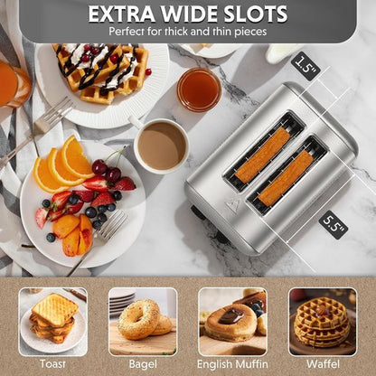 BUYDEEM DT420 Stainless Steel Toaster - Extra Wide Slots for Bagels & Muffins | 6 Shade Settings, Retro Silver